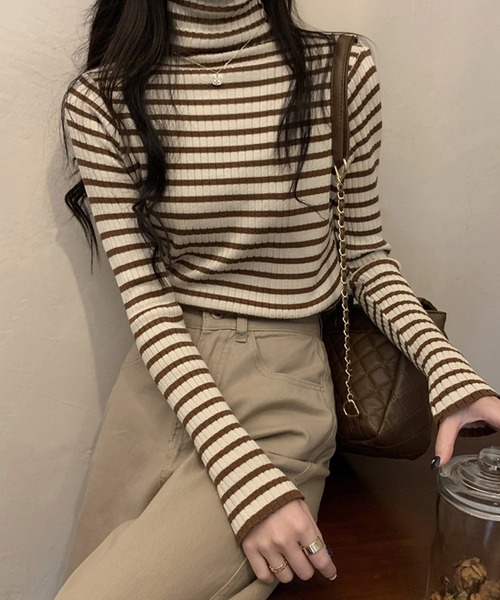 shopnikoniko(ショップニコニコ)の「リブニット ボーダー タートルネック(ニット/セーター・レディース・ブラック/グリーン/ベージュ/グレー・フリー)」の12枚目の写真