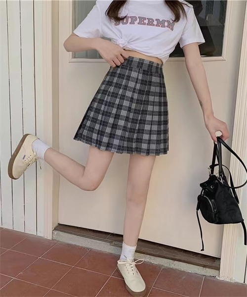 FREE STYLISTS(フリー スタイリスト)の「プリーツチェックミニスカート(スカート・レディース・ブラック/カーキ/グレー・L/S/M/XL)」の6枚目の写真