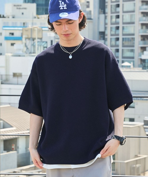 BARK MANHATTAN(バークマンハッタン)の「【洗えるニット+カットソー2点SET】オーバーサイズ捲縮サマーニット&半袖Tシャツ/軽量×抗ピリング×ウォッシャブル×帯電防止(Tシャツ/カットソー・メンズ・ブラック/チャコールグレー/アイボリー/モカ/カーキ/ネイビー・M/L)」の6枚目の写真