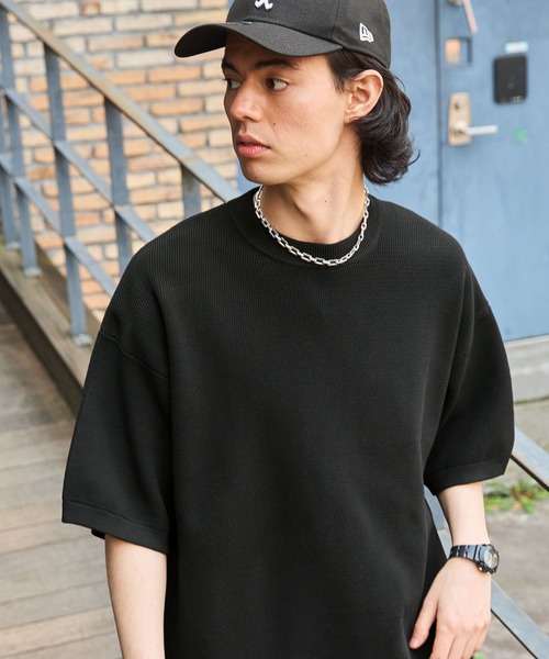 BARK MANHATTAN(バークマンハッタン)の「【洗えるニット+カットソー2点SET】オーバーサイズ捲縮サマーニット&半袖Tシャツ/軽量×抗ピリング×ウォッシャブル×帯電防止(Tシャツ/カットソー・メンズ・ブラック/チャコールグレー/アイボリー/モカ/カーキ/ネイビー・M/L)」の7枚目の写真