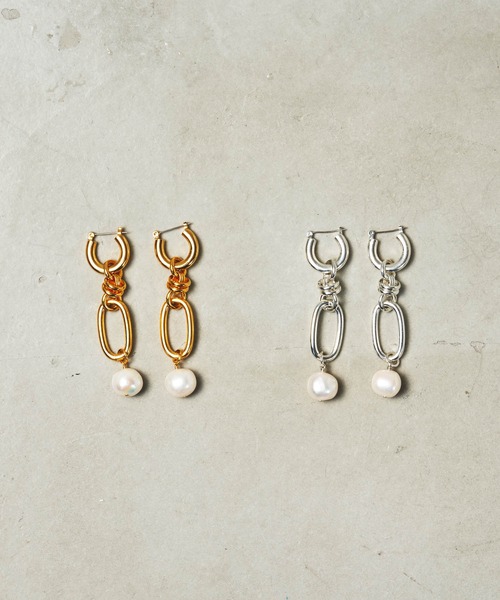 k18 ゴールド チェーン付きパール　ピアス ダイヤ　　2way 金属アレルギー対応】Link chain pearl pierce/2WAYチェーン