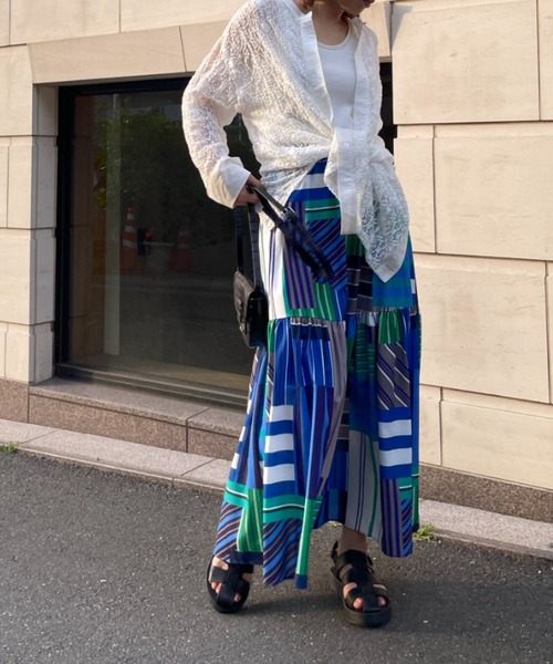 mi via loca（ミヴィアロカ）の「リメイク風マルチストライプ柄ティアードスカート（スカート・レディース・ピンク/ブルー・FREE）」の17枚目の写真