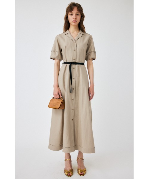 ベージュ シャツワンピース 半袖 moussy MOUSSY(マウジー)の「LINEN COTTON SHIRT ドレス(ワンピース