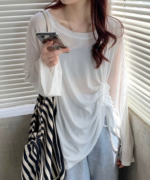 LADY LIKE(レディライク)の「ドローストリングゆったりシアートップス(Tシャツ/カットソー・レディース・ブラック/ホワイト・M)」の1枚目の写真