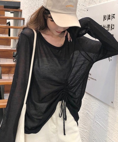 LADY LIKE(レディライク)の「ドローストリングゆったりシアートップス(Tシャツ/カットソー・レディース・ブラック/ホワイト・M)」の2枚目の写真