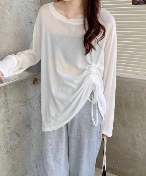 LADY LIKE(レディライク)の「ドローストリングゆったりシアートップス(Tシャツ/カットソー・レディース・ブラック/ホワイト・M)」の3枚目の写真