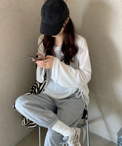 LADY LIKE(レディライク)の「ドローストリングゆったりシアートップス(Tシャツ/カットソー・レディース・ブラック/ホワイト・M)」の6枚目の写真