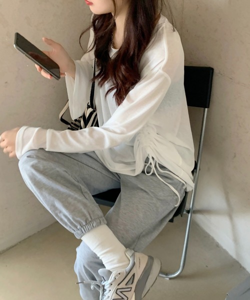LADY LIKE(レディライク)の「ドローストリングゆったりシアートップス(Tシャツ/カットソー・レディース・ブラック/ホワイト・M)」の7枚目の写真