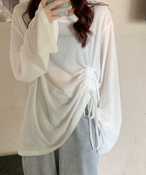LADY LIKE(レディライク)の「ドローストリングゆったりシアートップス(Tシャツ/カットソー・レディース・ブラック/ホワイト・M)」の9枚目の写真