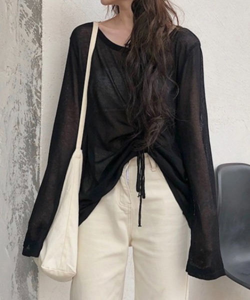LADY LIKE(レディライク)の「ドローストリングゆったりシアートップス(Tシャツ/カットソー・レディース・ブラック/ホワイト・M)」の12枚目の写真