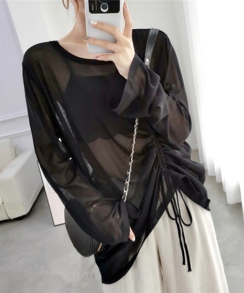 LADY LIKE(レディライク)の「ドローストリングゆったりシアートップス(Tシャツ/カットソー・レディース・ブラック/ホワイト・M)」の13枚目の写真