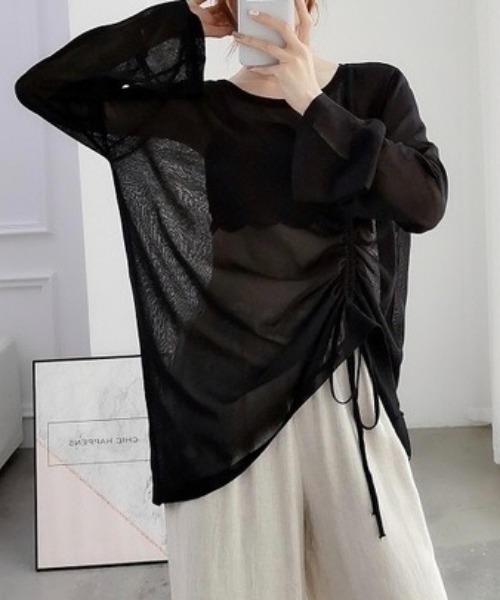 LADY LIKE(レディライク)の「ドローストリングゆったりシアートップス(Tシャツ/カットソー・レディース・ブラック/ホワイト・M)」の14枚目の写真