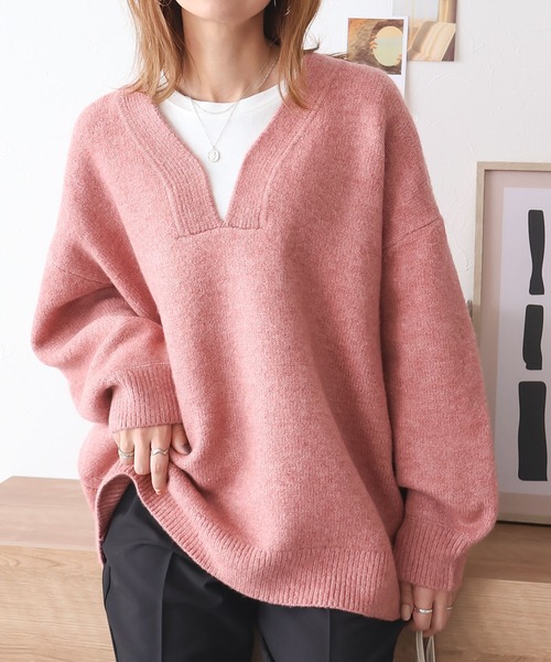 Social GIRL（ソーシャルガール）の「Vネック ニットプルオーバー（ニット/セーター・レディース・ベージュ/チャコール/オートミール/ピンク/ダークグレー/ミント/グレイッシュベージュ・FREE）」の7枚目の写真