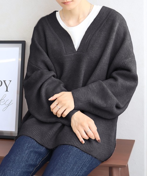 Social GIRL（ソーシャルガール）の「Vネック ニットプルオーバー（ニット/セーター・レディース・ベージュ/チャコール/オートミール/ピンク/ダークグレー/ミント/グレイッシュベージュ・FREE）」の3枚目の写真