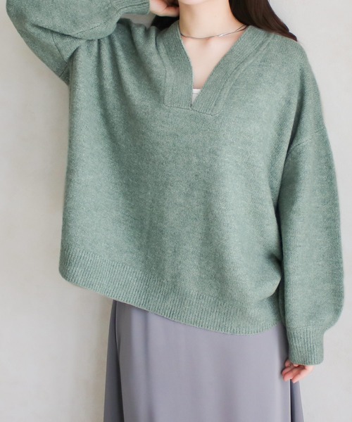 Social GIRL（ソーシャルガール）の「Vネック ニットプルオーバー（ニット/セーター・レディース・ベージュ/チャコール/オートミール/ピンク/ダークグレー/ミント/グレイッシュベージュ・FREE）」の6枚目の写真