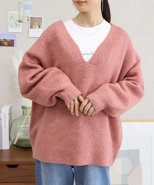 Social GIRL（ソーシャルガール）の「Vネック ニットプルオーバー（ニット/セーター・レディース・ベージュ/チャコール/オートミール/ピンク/ダークグレー/ミント/グレイッシュベージュ・FREE）」の9枚目の写真