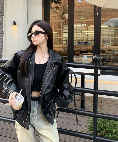 ヴィンテージライク合成皮革ジャケット（ライダースジャケット