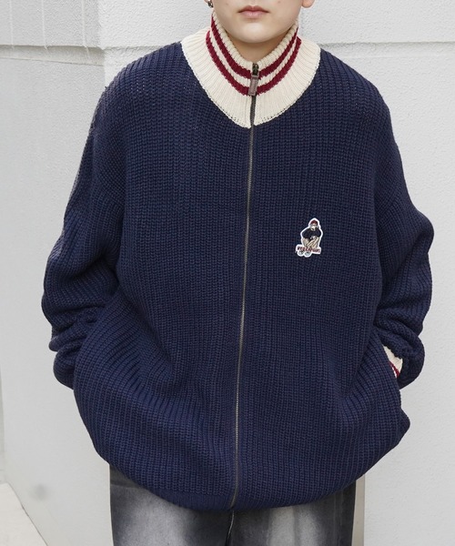 ネイビー リブ編み セーター ポケット付き、袖ワッペン SHIPS: ウール リサイクルカシミヤ 畦編み クルーネック ニット