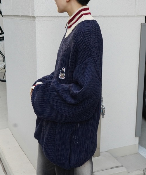 Red Cap Girl(レッドキャプガール)の「【RED CAP GIRL】23AW リブ編み ワンポイント胸ワッペン刺繍 ビッグシルエット フルジップドライバーズニット(カーディガン/ボレロ・メンズ・ブラック/ネイビー・M/L)」の7枚目の写真