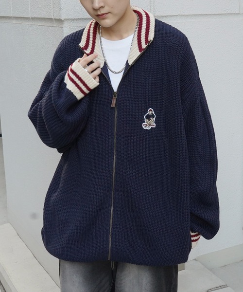 Red Cap Girl(レッドキャプガール)の「【RED CAP GIRL】23AW リブ編み ワンポイント胸ワッペン刺繍 ビッグシルエット フルジップドライバーズニット(カーディガン/ボレロ・メンズ・ブラック/ネイビー・M/L)」の17枚目の写真