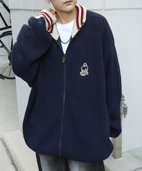 Red Cap Girl(レッドキャプガール)の「【RED CAP GIRL】23AW リブ編み ワンポイント胸ワッペン刺繍 ビッグシルエット フルジップドライバーズニット(カーディガン/ボレロ・メンズ・ブラック/ネイビー・M/L)」の16枚目の写真