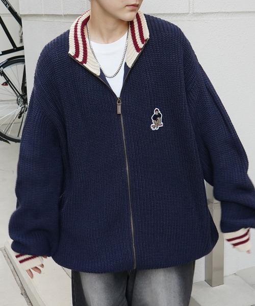 Red Cap Girl(レッドキャプガール)の「【RED CAP GIRL】23AW リブ編み ワンポイント胸ワッペン刺繍 ビッグシルエット フルジップドライバーズニット(カーディガン/ボレロ・メンズ・ブラック/ネイビー・M/L)」の15枚目の写真