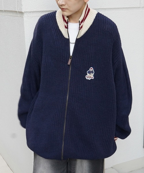 Red Cap Girl(レッドキャプガール)の「【RED CAP GIRL】23AW リブ編み ワンポイント胸ワッペン刺繍 ビッグシルエット フルジップドライバーズニット(カーディガン/ボレロ・メンズ・ブラック/ネイビー・M/L)」の11枚目の写真