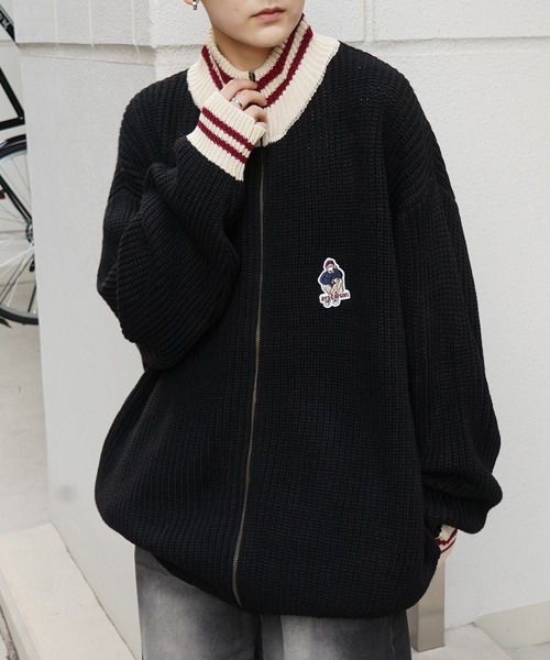 Red Cap Girl(レッドキャプガール)の「【RED CAP GIRL】23AW リブ編み ワンポイント胸ワッペン刺繍 ビッグシルエット フルジップドライバーズニット(カーディガン/ボレロ・メンズ・ブラック/ネイビー・M/L)」の5枚目の写真