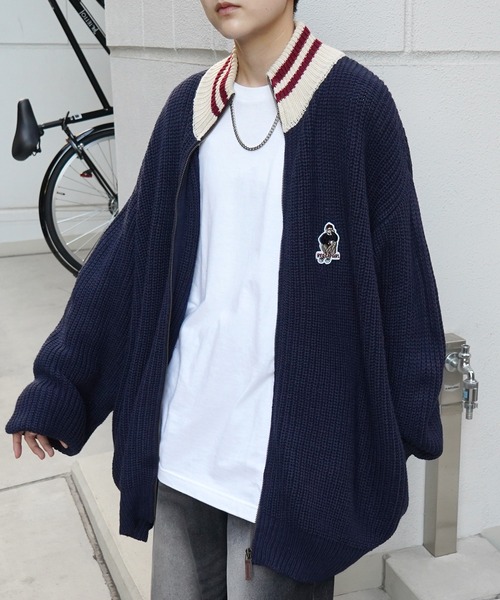 Red Cap Girl(レッドキャプガール)の「【RED CAP GIRL】23AW リブ編み ワンポイント胸ワッペン刺繍 ビッグシルエット フルジップドライバーズニット(カーディガン/ボレロ・メンズ・ブラック/ネイビー・M/L)」の8枚目の写真