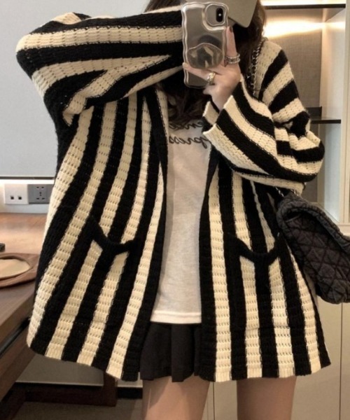 【セール】ストライプオーバーサイズニットカーデ（カーディガン/ボレロ）｜deux amour（ドゥーザムール）