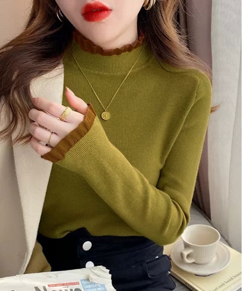 kirakiraShop(キラキラショップ)の「ハイネック フリル ニット トップス(ニット/セーター・レディース・ホワイト/ブラック/モカ/アイボリー/オリーブ/オレンジ/ブラウン・FREE)」の6枚目の写真