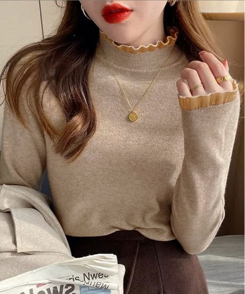 kirakiraShop(キラキラショップ)の「ハイネック フリル ニット トップス(ニット/セーター・レディース・ホワイト/ブラック/モカ/アイボリー/オリーブ/オレンジ/ブラウン・FREE)」の4枚目の写真