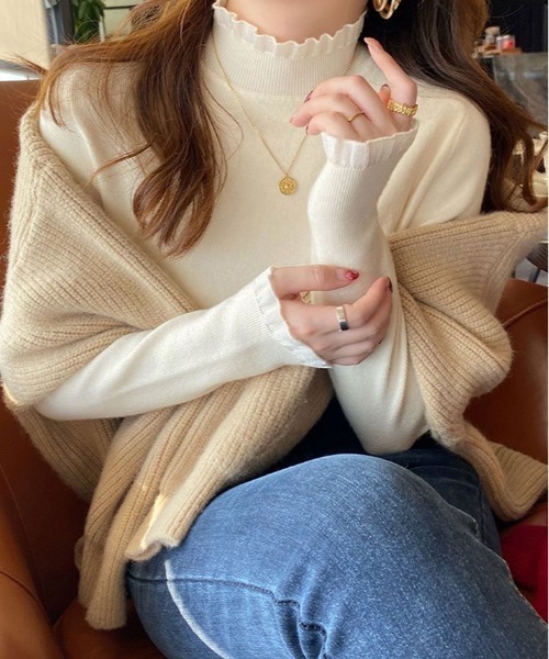 kirakiraShop(キラキラショップ)の「ハイネック フリル ニット トップス(ニット/セーター・レディース・ホワイト/ブラック/モカ/アイボリー/オリーブ/オレンジ/ブラウン・FREE)」の16枚目の写真