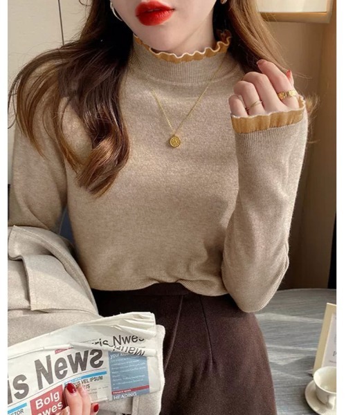 kirakiraShop(キラキラショップ)の「ハイネック フリル ニット トップス(ニット/セーター・レディース・ホワイト/ブラック/モカ/アイボリー/オリーブ/オレンジ/ブラウン・FREE)」の9枚目の写真