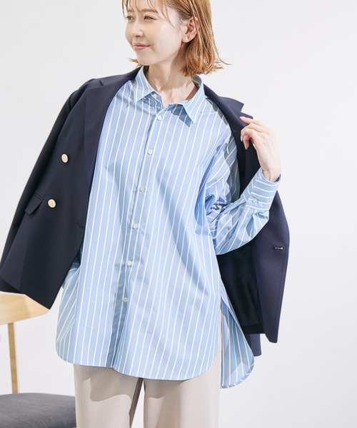 ロペ ROPE' 羽織にも！コットン100％比翼ボタンストライプ柄ロング丈スキッパーシャツワンピ♪