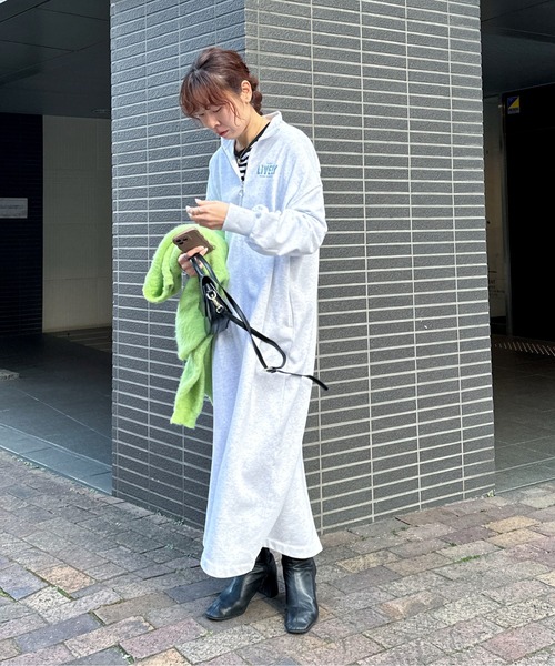 ONE SEEDLINGワンシードリング19AW バックロゴプルオーバーパーカー 霜降り灰色 グレー M,L XSサイズあり】ハーフジップロゴスウェットワンピース（ワンピース