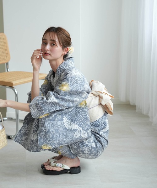手染め注染浴衣3点セット utatane×注染工房 赤坂紬 グレーに古典