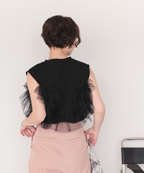titivate（ティティベイト）の「ノースリーブチュールドッキングトップス（Tシャツ/カットソー・レディース・グレー/ブラック/オフホワイト・FREE）」の10枚目の写真