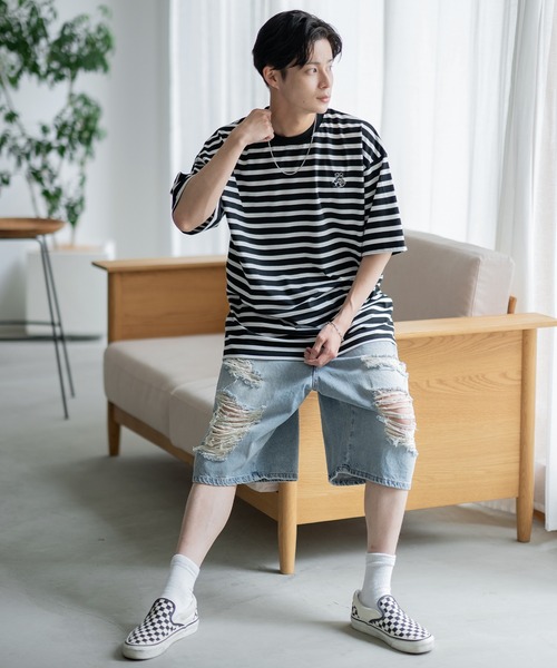 SIDEWAY STANCE(サイドウェイスタンス)の「【SIDEWAY STANCE】ボーダー ワンポイント 刺繍 半袖Tシャツ(Tシャツ/カットソー・メンズ・ブラック/ホワイト系/ホワイト系1/ホワイト/ブラック系1/ブラック系・SMALL/MEDIUM/LARGE/X-LARGE)」の22枚目の写真