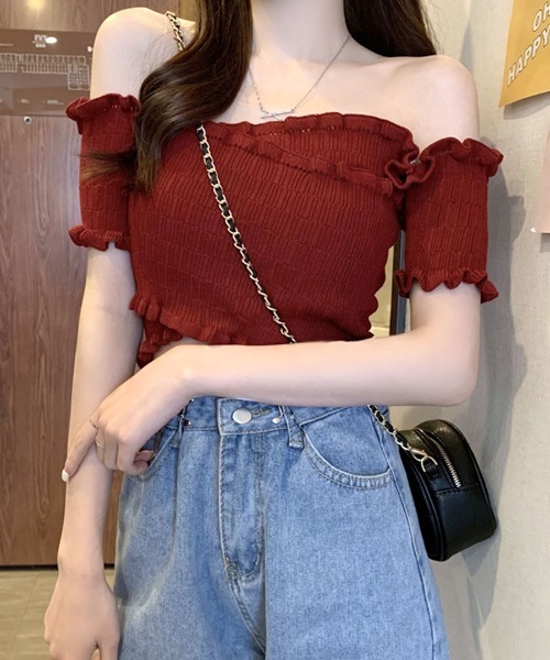 REMUR(レミュール)の「オフショルダートップス 半袖 ショート丈(Tシャツ/カットソー・レディース・ブラック×ホワイト/ホワイト×ブラック/ホワイト×レッド/ベージュ/イエロー/ピンク/レッド/ホワイト/ブラック・M)」の9枚目の写真