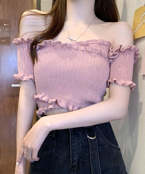 REMUR(レミュール)の「オフショルダートップス 半袖 ショート丈(Tシャツ/カットソー・レディース・ブラック×ホワイト/ホワイト×ブラック/ホワイト×レッド/ベージュ/イエロー/ピンク/レッド/ホワイト/ブラック・M)」の1枚目の写真