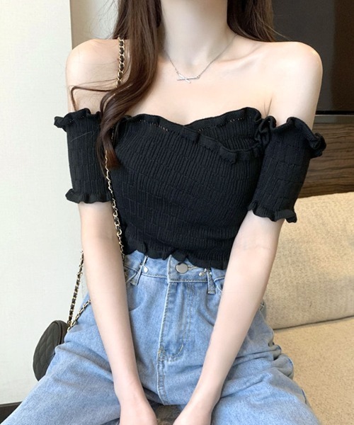 REMUR(レミュール)の「オフショルダートップス 半袖 ショート丈(Tシャツ/カットソー・レディース・ブラック×ホワイト/ホワイト×ブラック/ホワイト×レッド/ベージュ/イエロー/ピンク/レッド/ホワイト/ブラック・M)」の20枚目の写真