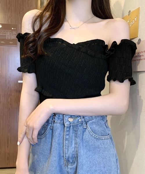 REMUR(レミュール)の「オフショルダートップス 半袖 ショート丈(Tシャツ/カットソー・レディース・ブラック×ホワイト/ホワイト×ブラック/ホワイト×レッド/ベージュ/イエロー/ピンク/レッド/ホワイト/ブラック・M)」の21枚目の写真