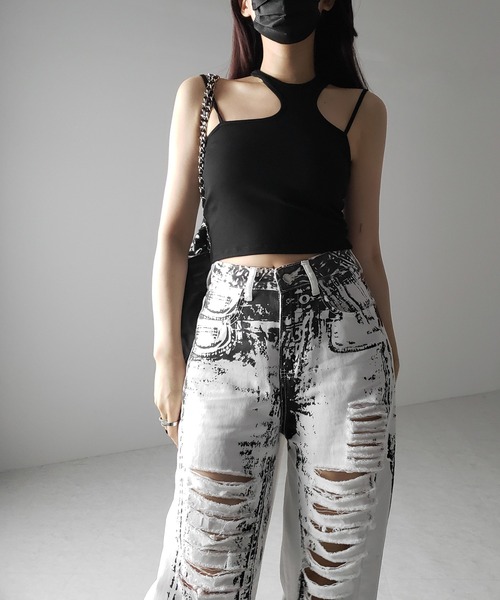 激安。新品！有名ブランド！Ready made denim ダメージデニム白色！ セール】※※【 選べる4サイズ 】ヴィンテージプリントダメージ