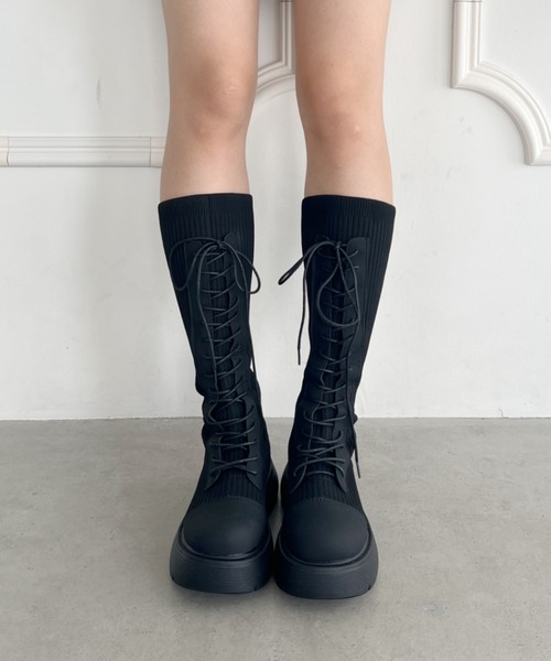 セール】レースアップロングソックスブーツ（ブーツ）｜Loueme