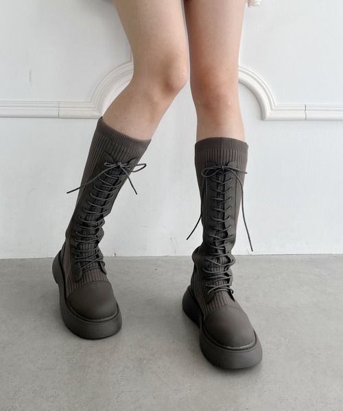 セール】レースアップロングソックスブーツ（ブーツ）｜Loueme