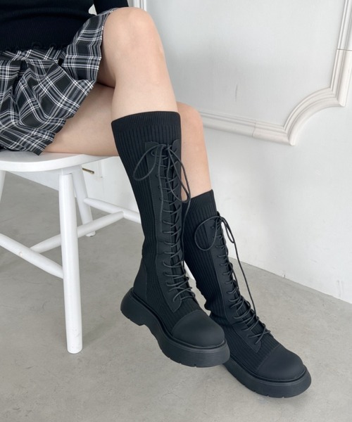 セール】レースアップロングソックスブーツ（ブーツ）｜Loueme