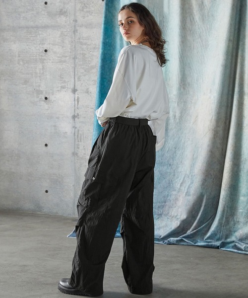 MEDM ナイロン カーゴパンツ ストレートパンツ 無地 ルーズ 新作 SERACE】Loose silhouette wide straight belted nylon cargo