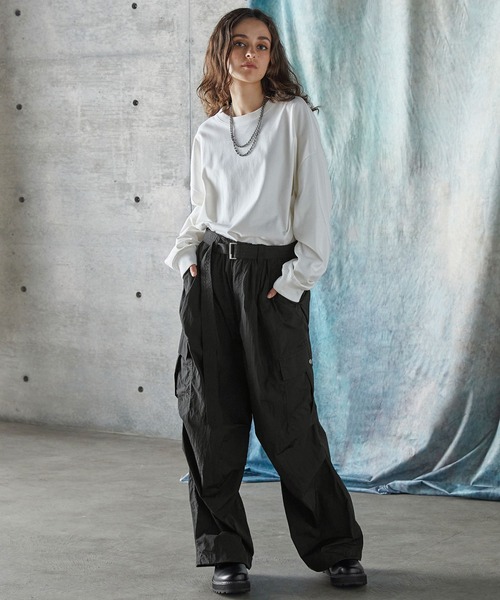 カーブシルエット ワイドパンツ ルーズ ブラック 韓国 夏 cr9619 SERACE】Loose silhouette wide straight belted nylon cargo