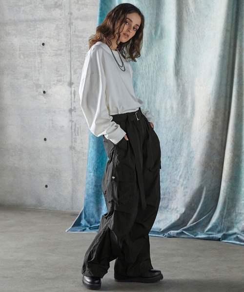 SERACE】Loose silhouette wide straight belted nylon cargo